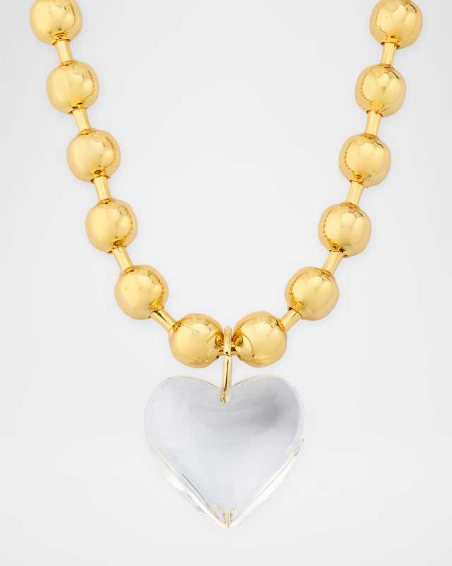 Clear Heart Pendant on Golden Ball Chain Necklace